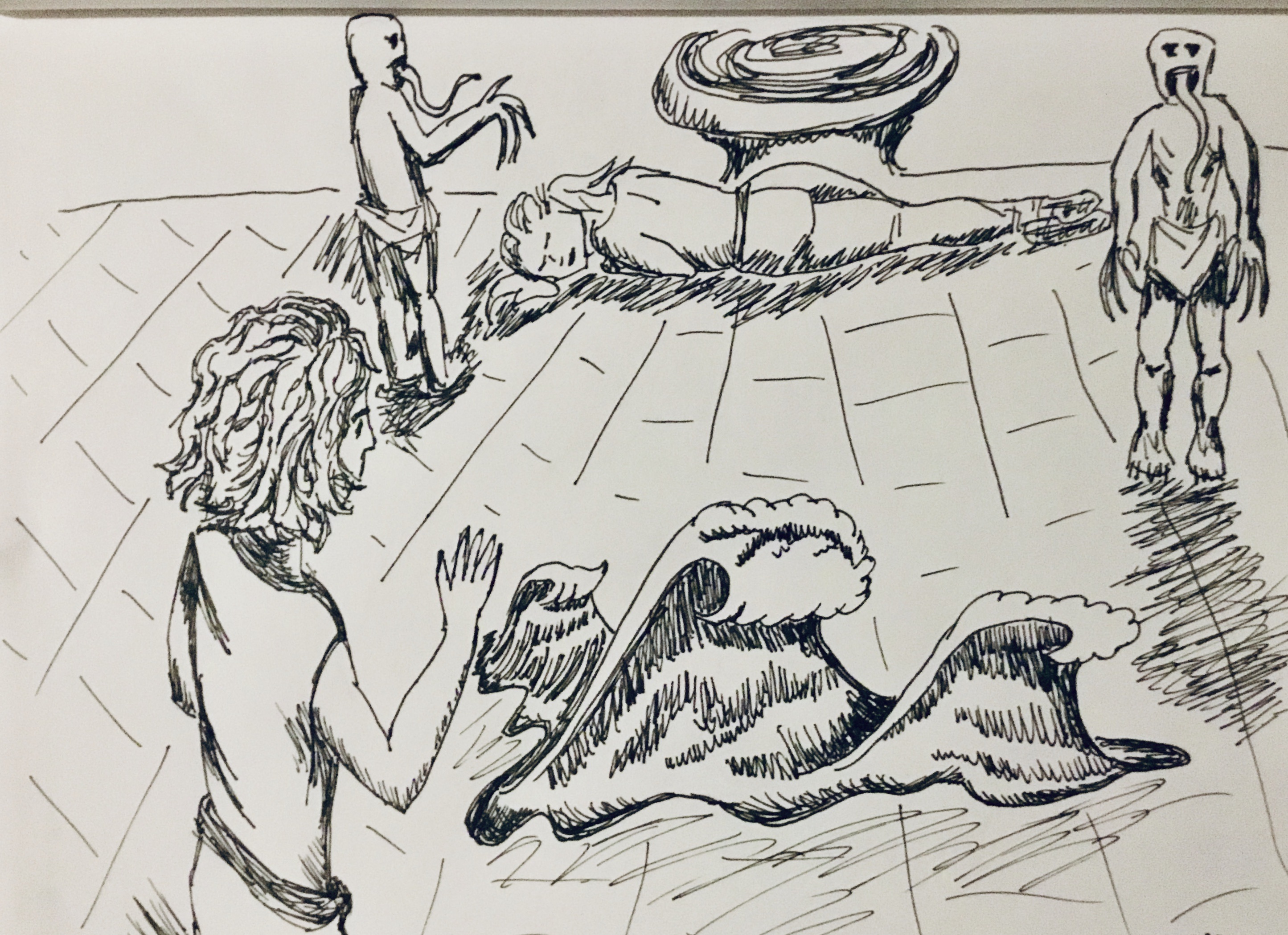 A woman lies on the ground while monsters threaten and  a slim man in the foreground conjures waves.