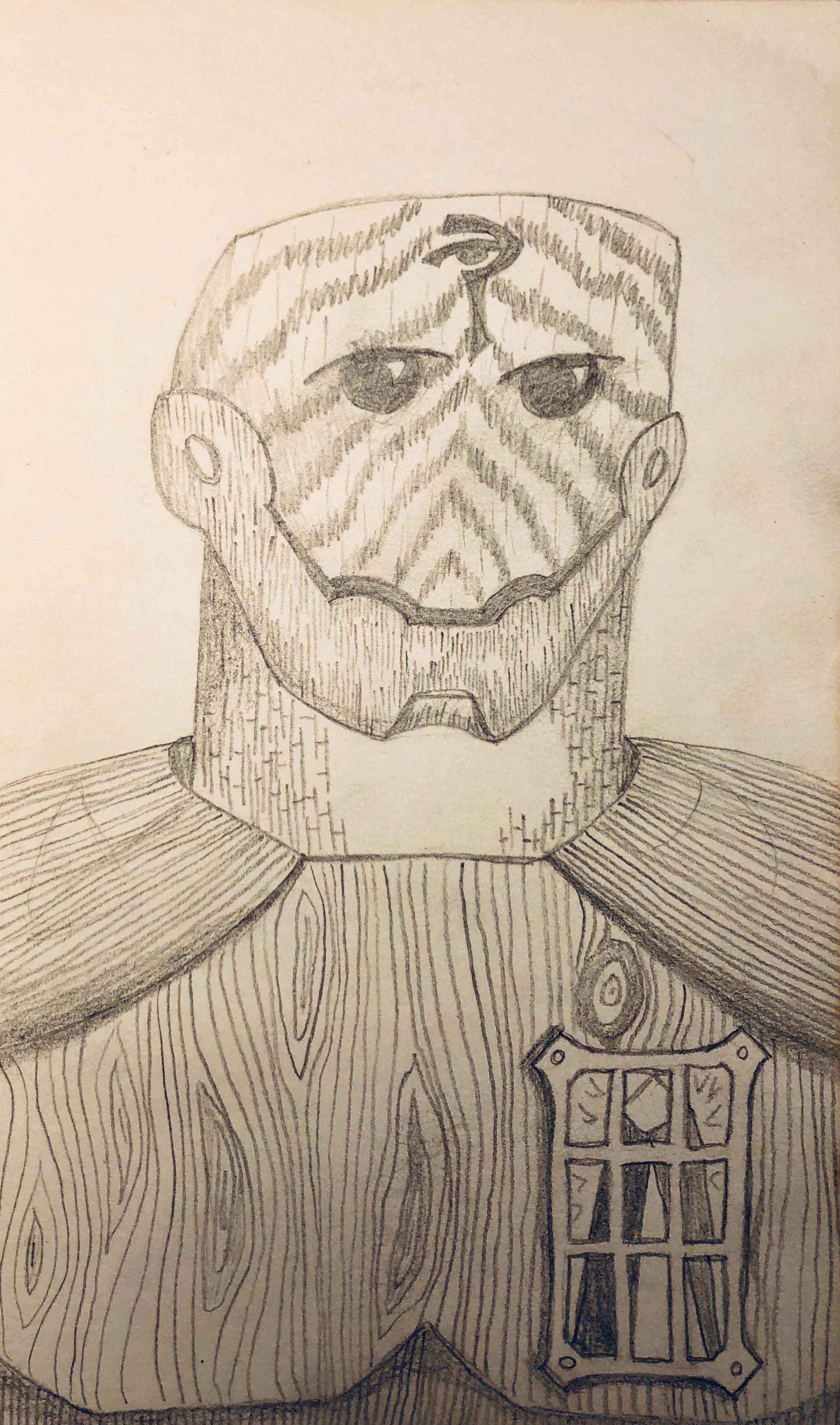 A wooden robot man, with multiple types of wood grain and a little window into his chest.