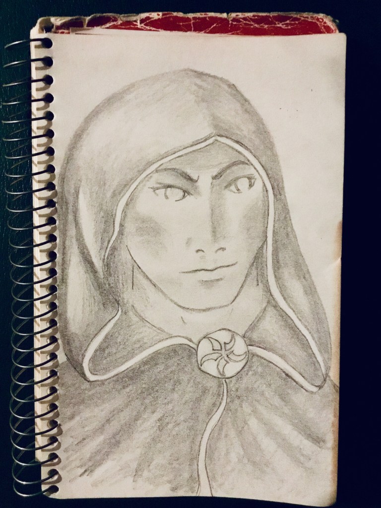 Pencil sketch of a hooded man.